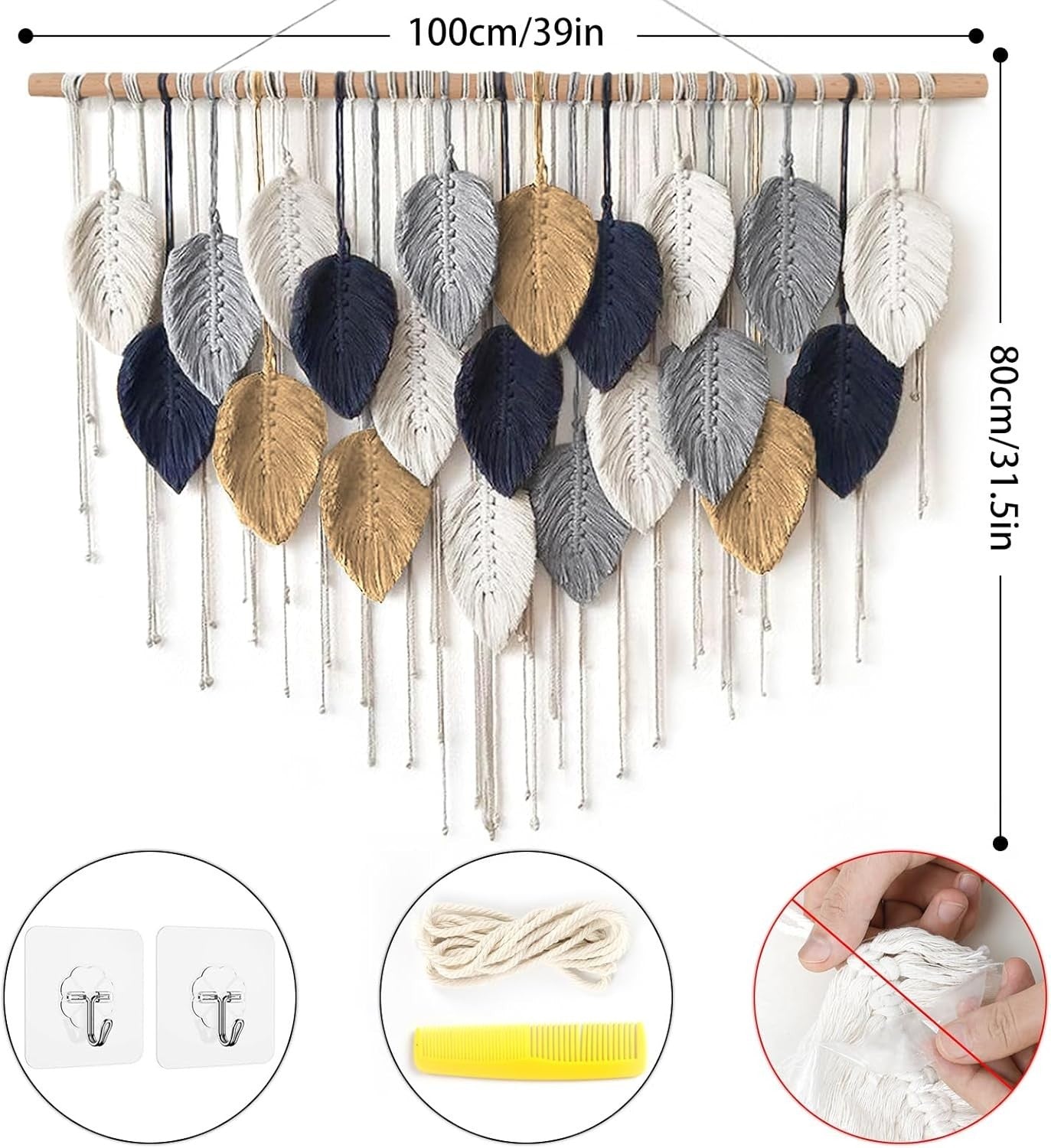 Large Boho Macrame Wall Hanging Leaf Woven Handmade Decor Beige