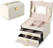 PU Leather Jewelry Box Organizer with Mirror Lock 3 Layer 2 Drawer Case
