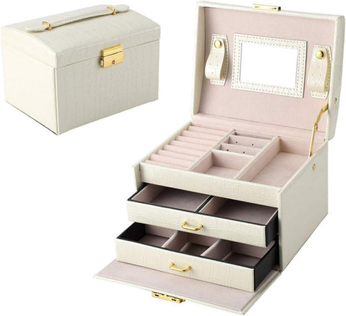 PU Leather Jewelry Box Organizer with Mirror Lock 3 Layer 2 Drawer Case