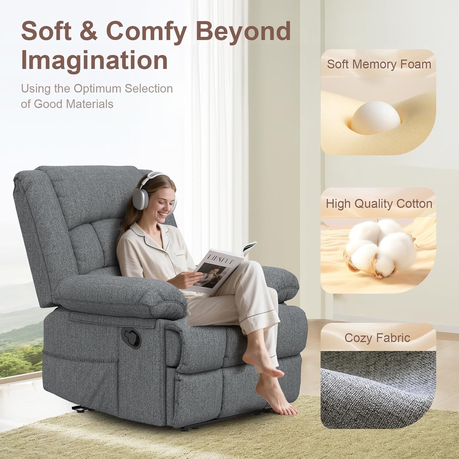 Manual Recliner Chair Massage Heat 135° Recline Footrest Dual Pockets Grey