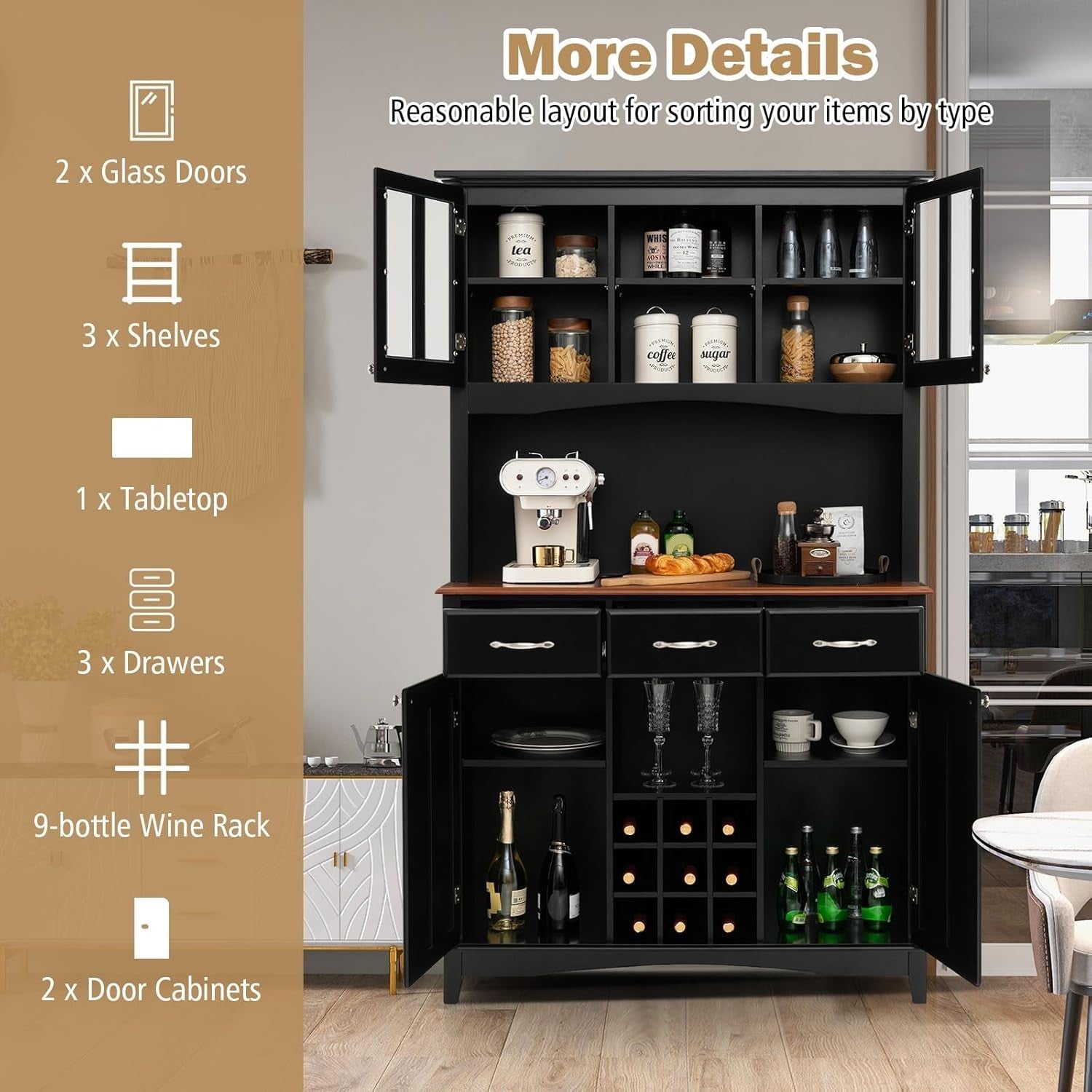 Black Tall Kitchen Storage Cabinet Buffet Cupboard with Drawers & Wine