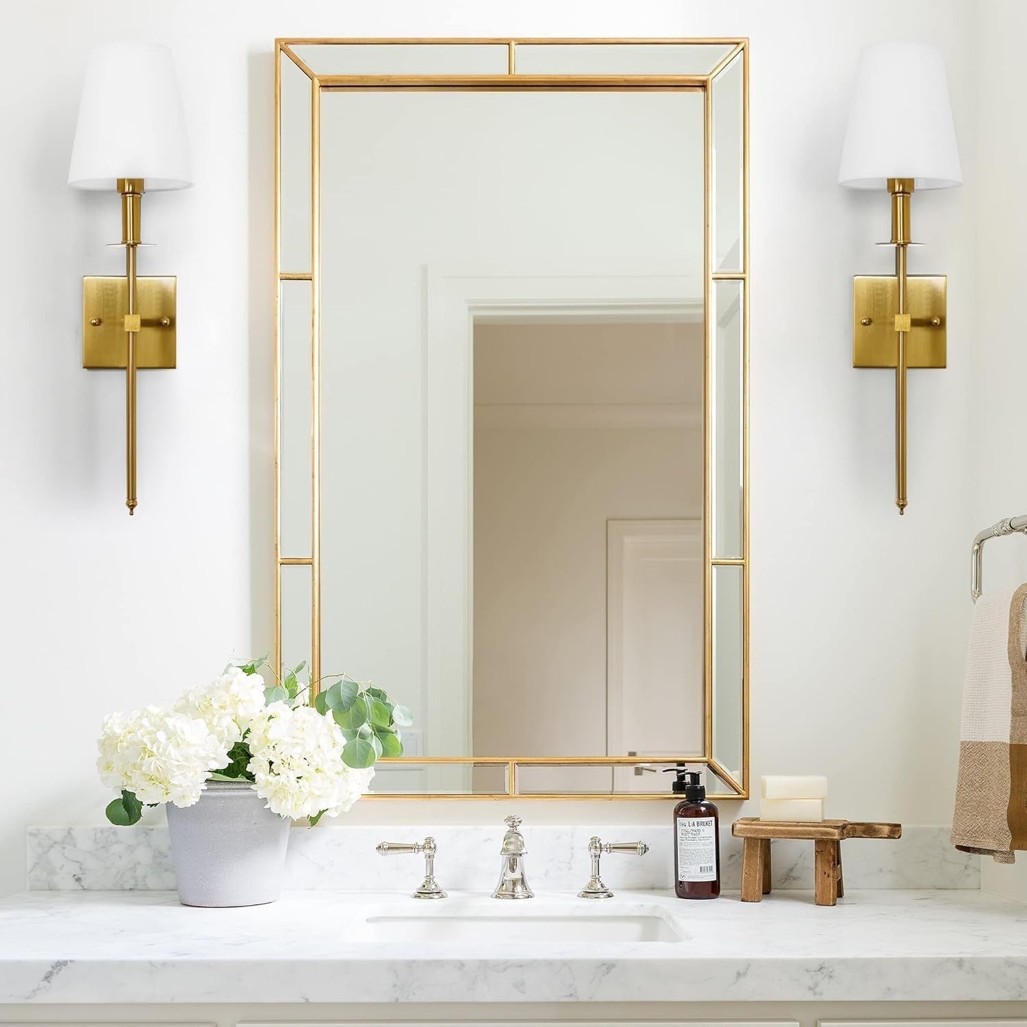 Battery Operated Wall Sconces Set of 2, Brushed Brass, Fabric Shade
