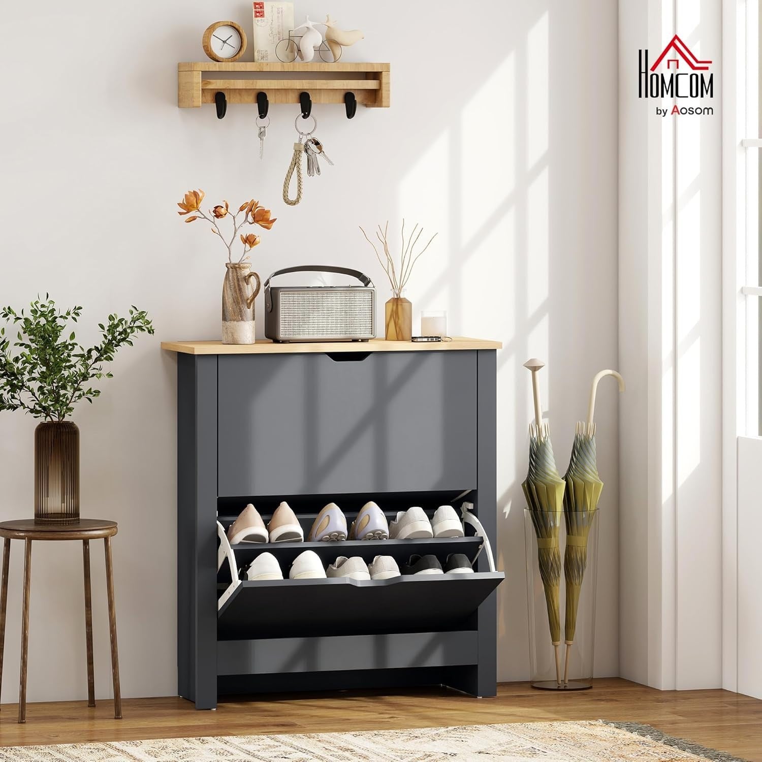 Space Saving Narrow Shoe Cabinet 2 Flip Drawers Adjustable Shelves Charcoal