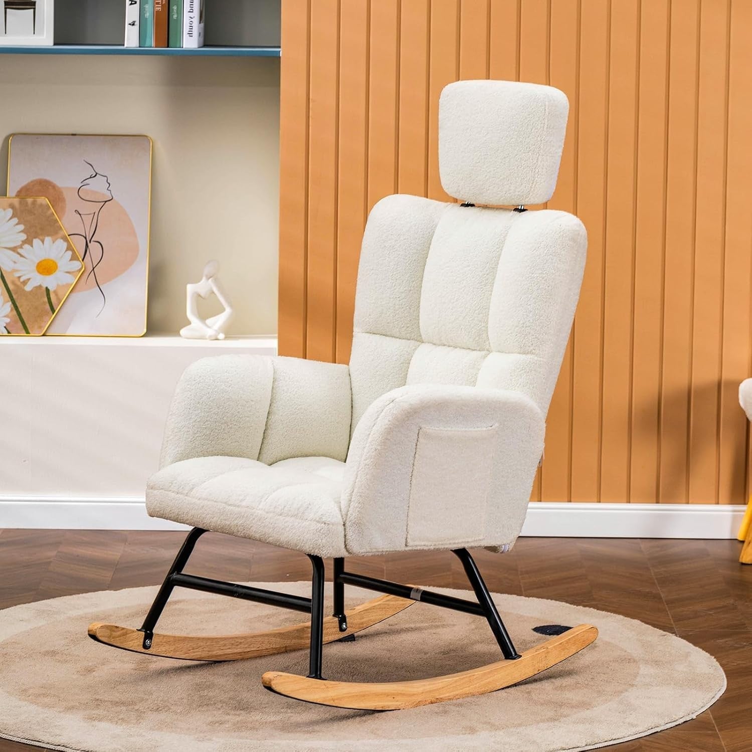Comfortable Rocking Chair with Adjustable Headrest & Soft Faux Fur Upholstery