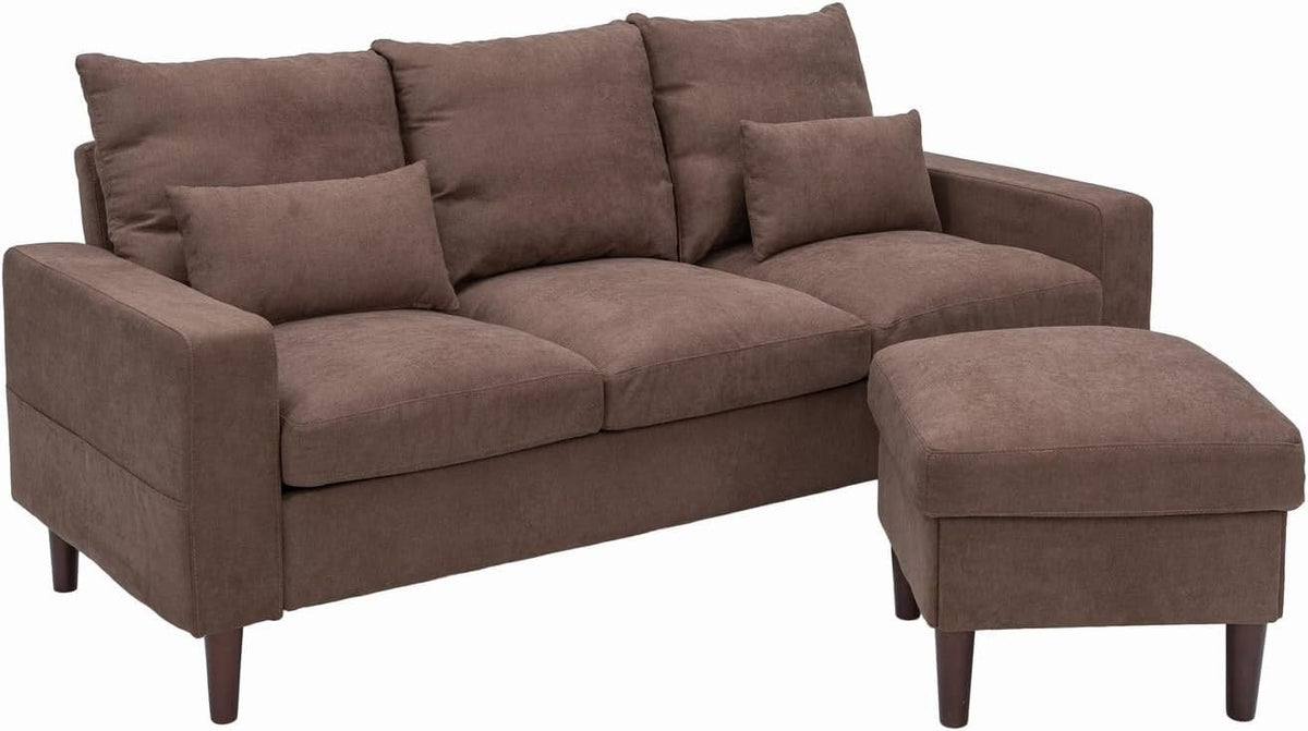 3 Seater Sofa with Footstool Brown Linen Reversible Chaise Cushioned Modern Couc