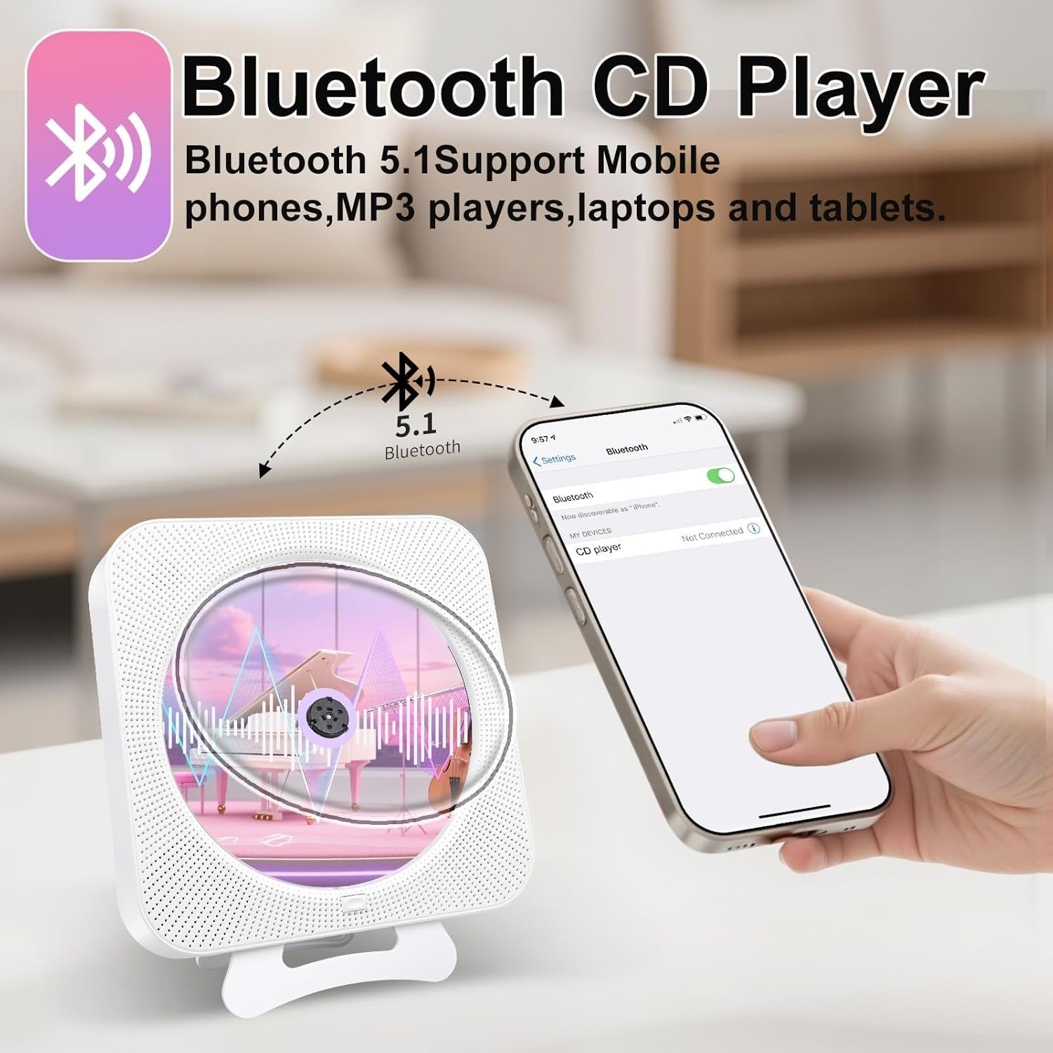 Bluetooth CD Player Boombox Wall Mount FM Radio USB AUX Remote White