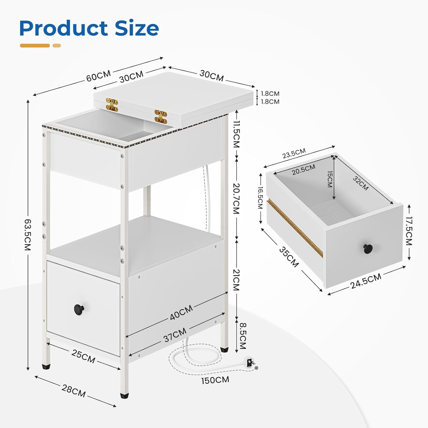 Slim White Smart Bedside Table with LED Light, USB Charging & Drawer