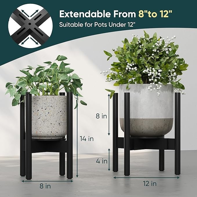 Adjustable Bamboo Plant Stand 2 Pack with Tray for Indoor Pots 20–30cm Black