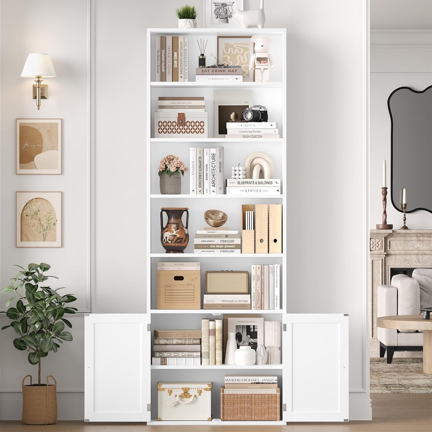 Tall White 7-Tier Bookcase with Doors Modern Storage Cabinet Adjustable Shelves