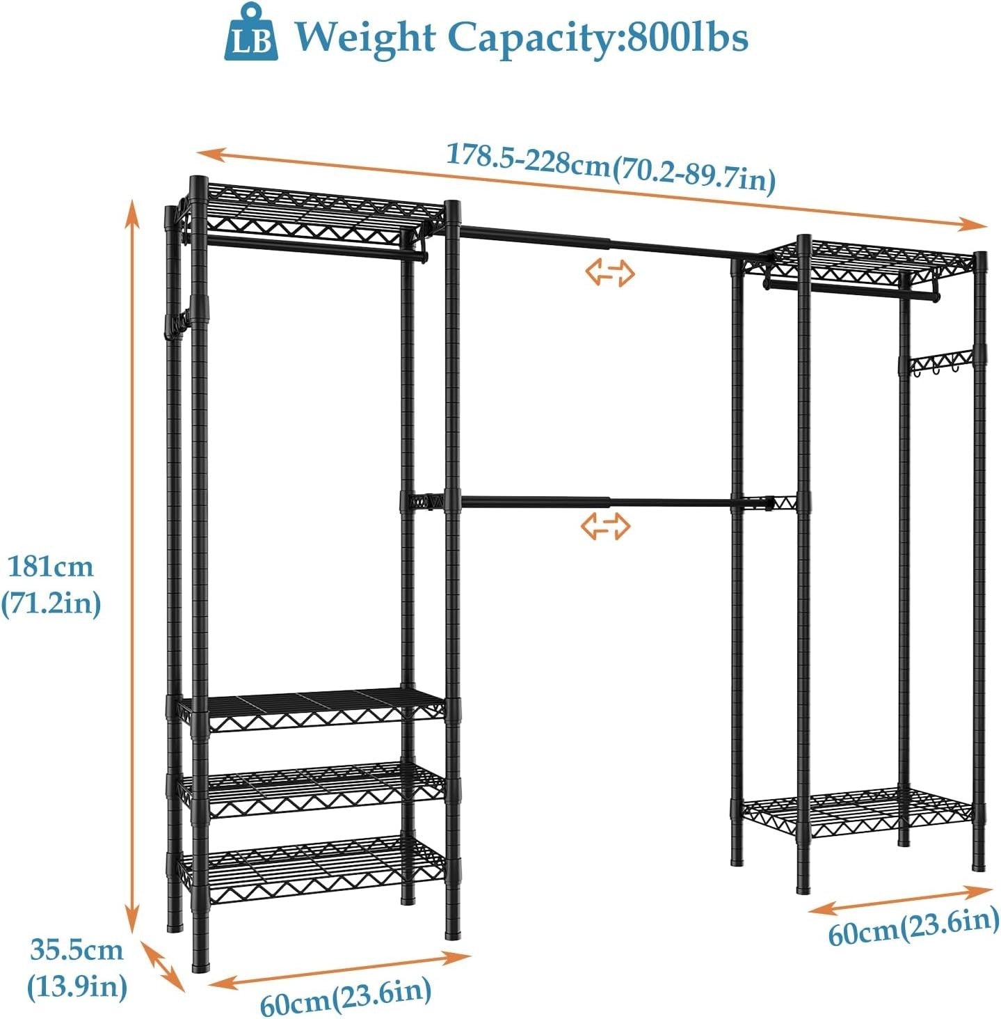 Expandable Heavy Duty Clothes Rail with Shelves – Black 180cm