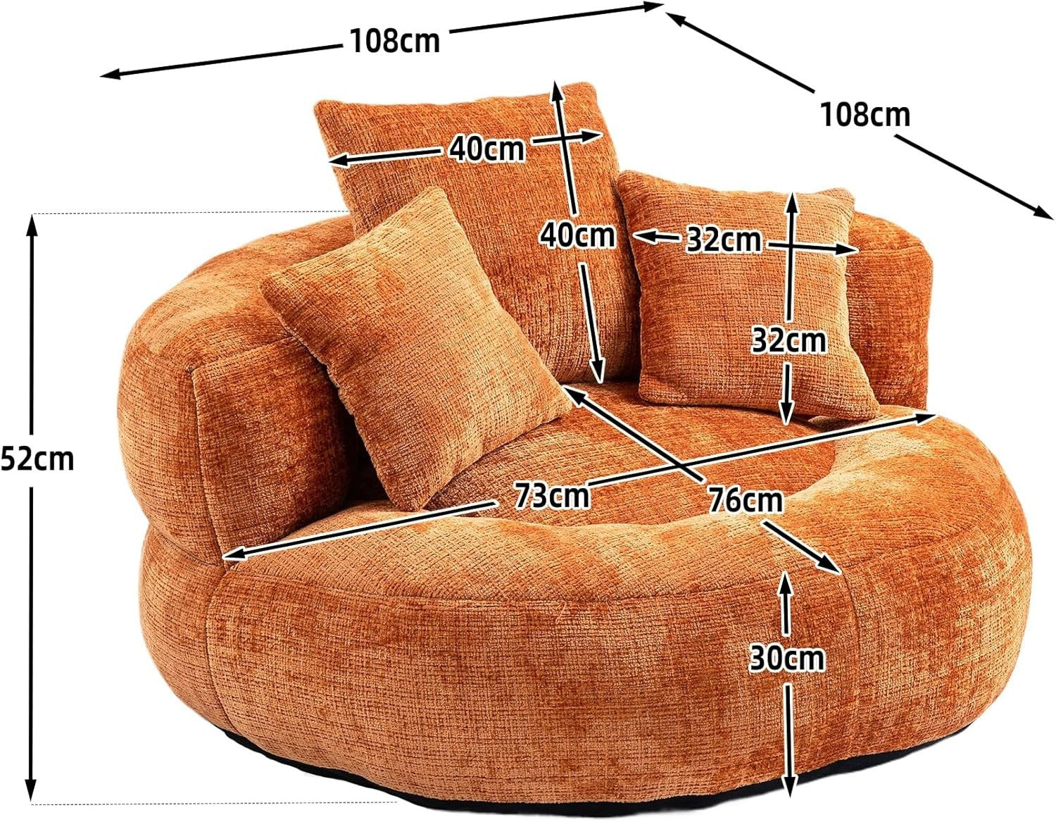 XL Bean Bag Chair Sofa for Adults – Plush Gaming Seat w/ 3 Pillows, Orange