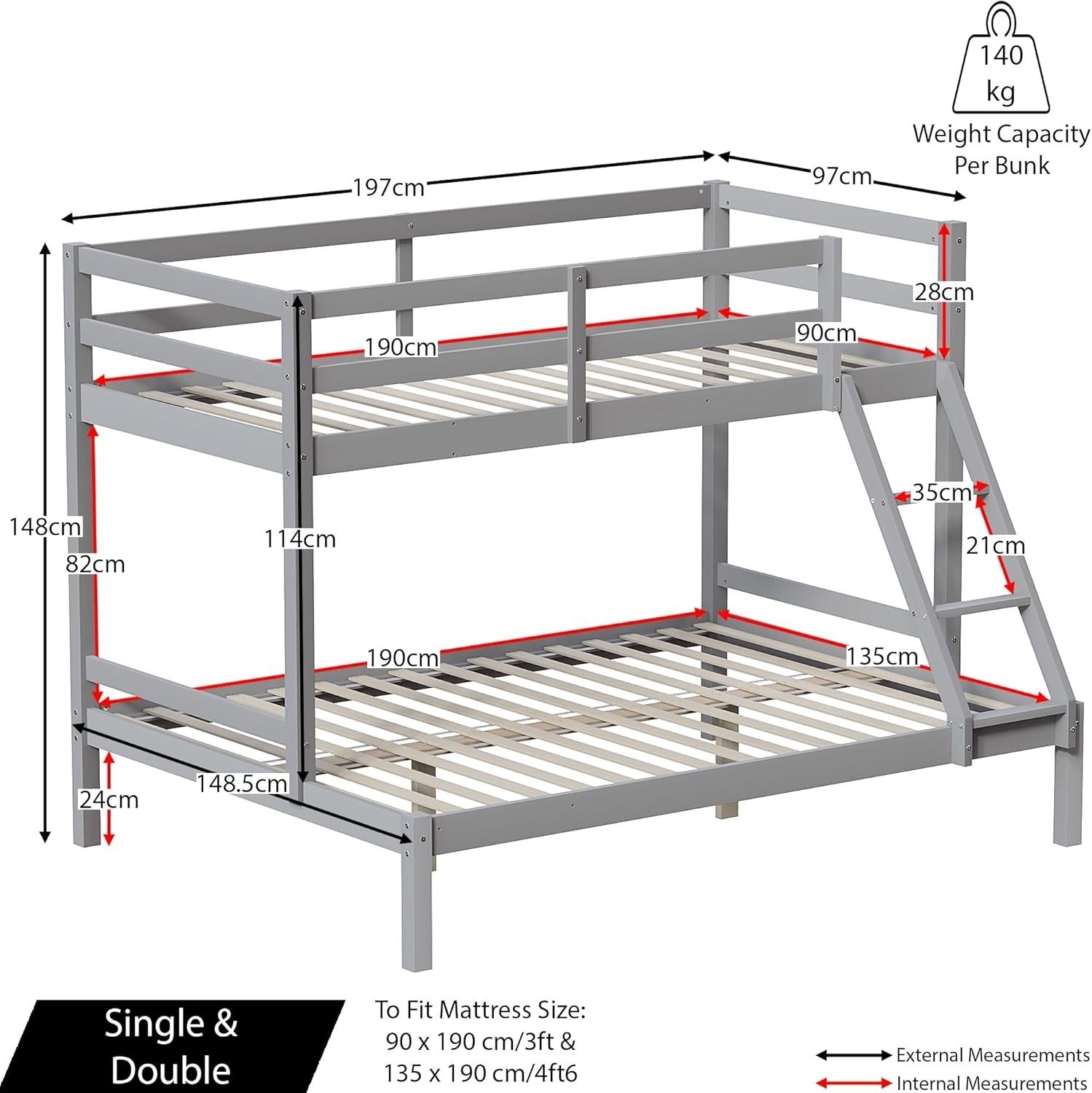 Triple Bunk Bed Grey Wooden Frame Kids Sleeper with Ladder 4FT 3FT Safe