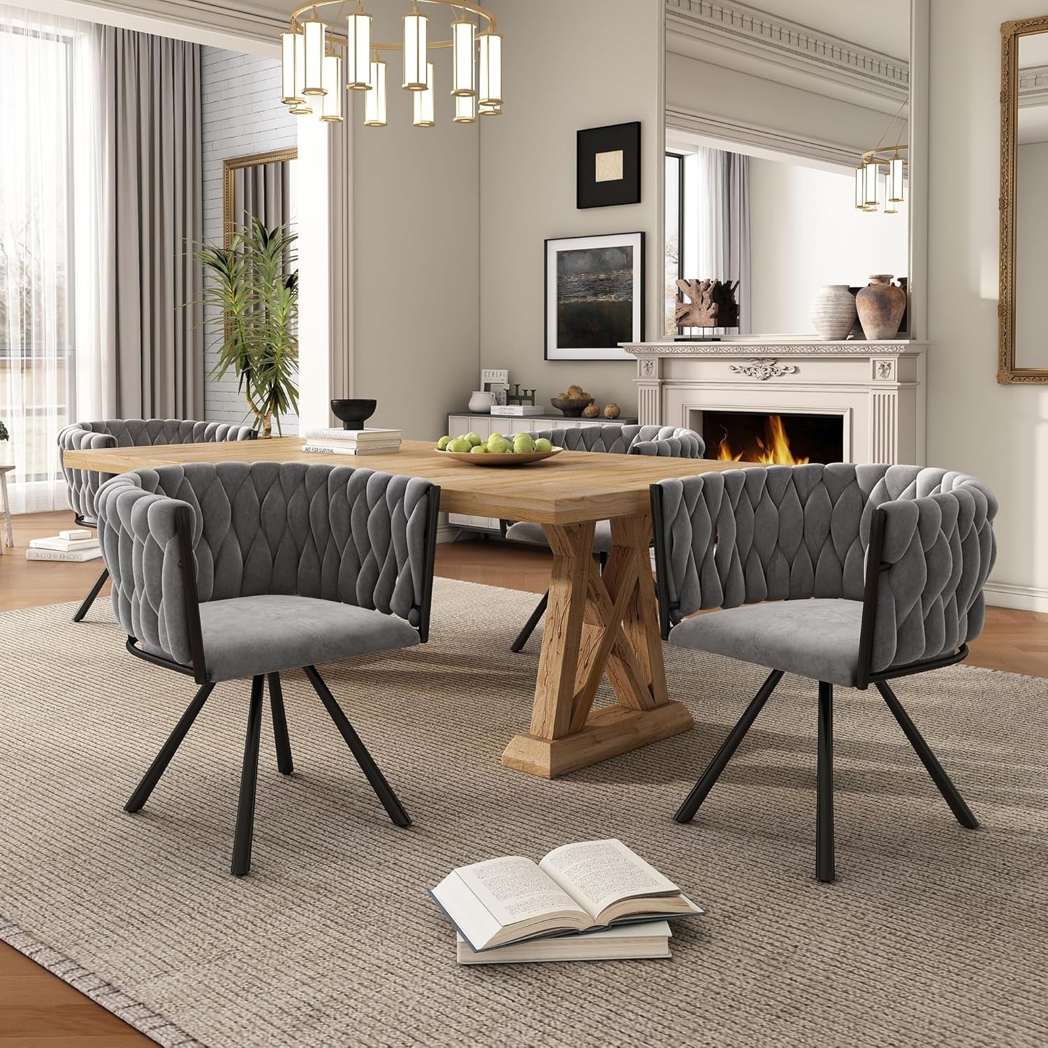 Grey Velvet Swivel Dining Chair 360° Luxury Kitchen Accent Seat