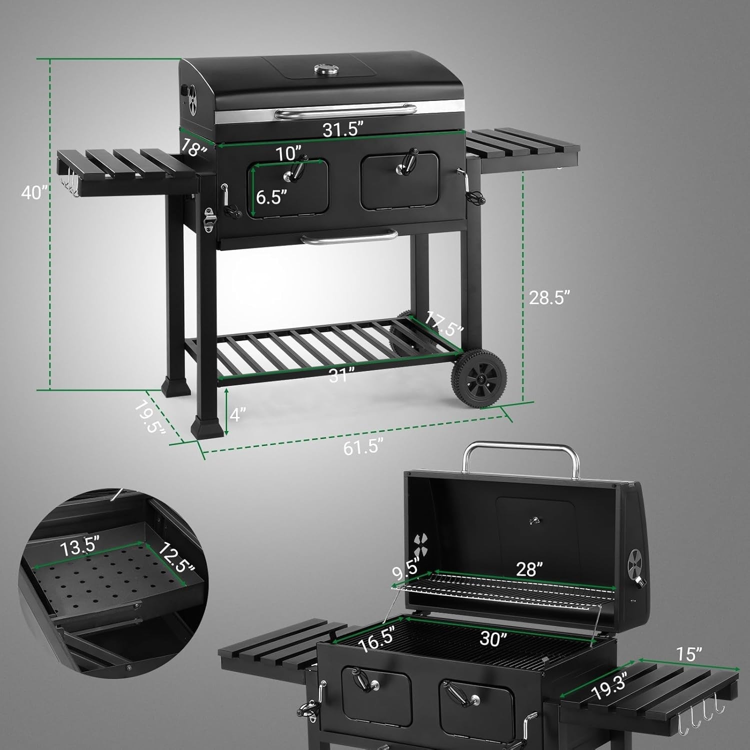 Large Dual-Zone Charcoal BBQ Grill with Adjustable Trays & Temp Gauge for Garden