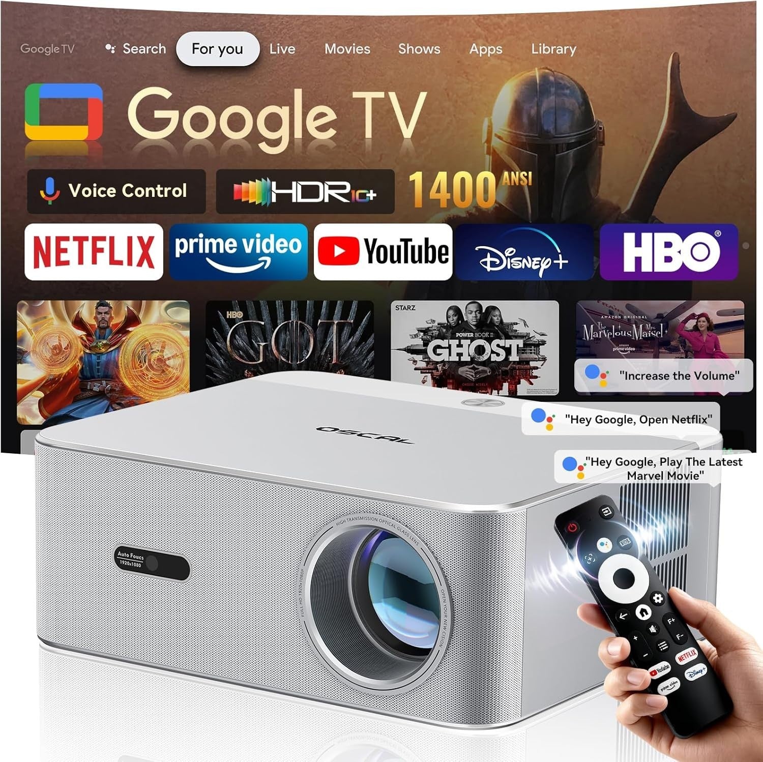 Google TV 1080P Projector 1400 ANSI WiFi 6 Auto Focus HDR 4K