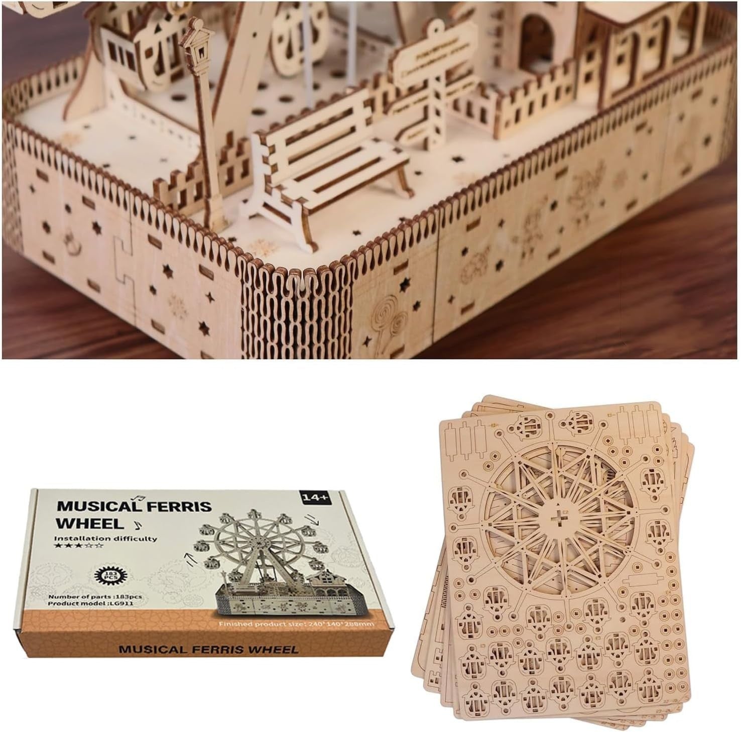 DIY Wooden Ferris Wheel Puzzle Kit – Music Box Model w/ LED Lights Gift