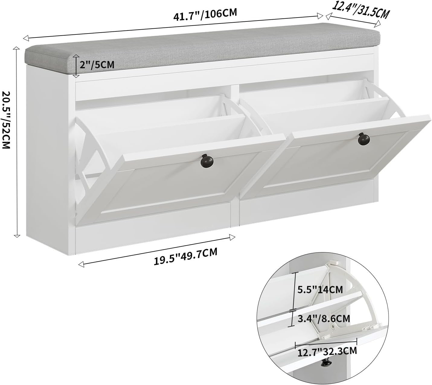 White Flip Drawer Shoe Storage Bench with Padded Seat & Adjustable Shelves