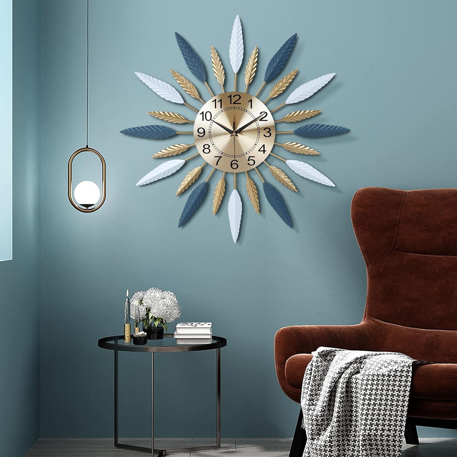 56cm Large Sunburst Wall Clock Blue Gold Metal Modern Silent Decorative Art