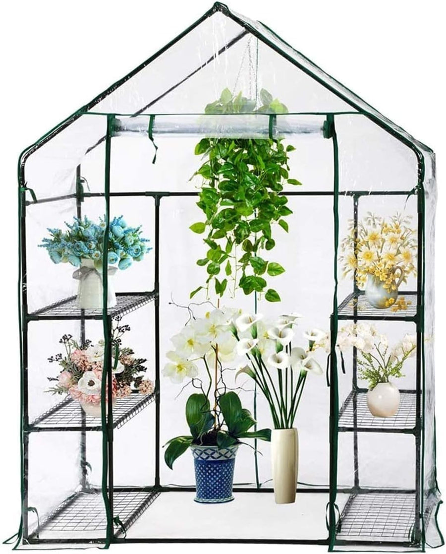 3 Tier Walk-In Greenhouse Clear PVC Cover 143x73x195cm 4 Shelves Outdoor