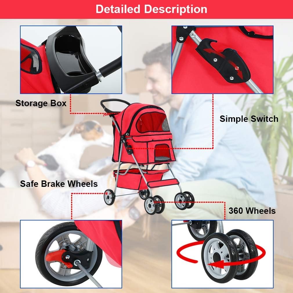 Pet Stroller Dog Cat Pushchair 4 Wheel Foldable Travel Carrier Mesh Red
