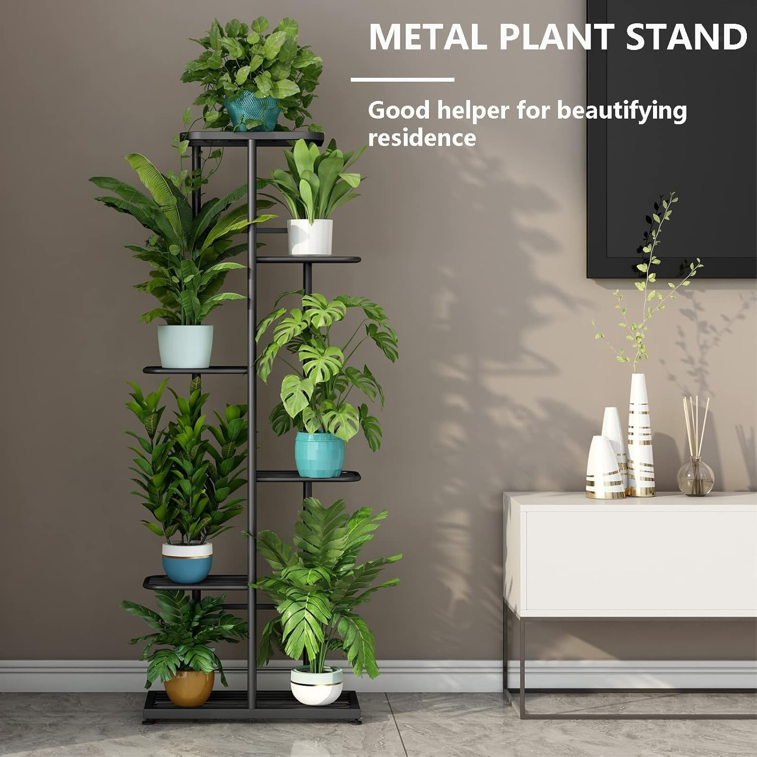 6 Tier Metal Plant Stand Indoor Outdoor Multi Pot Display Rack Dark Grey
