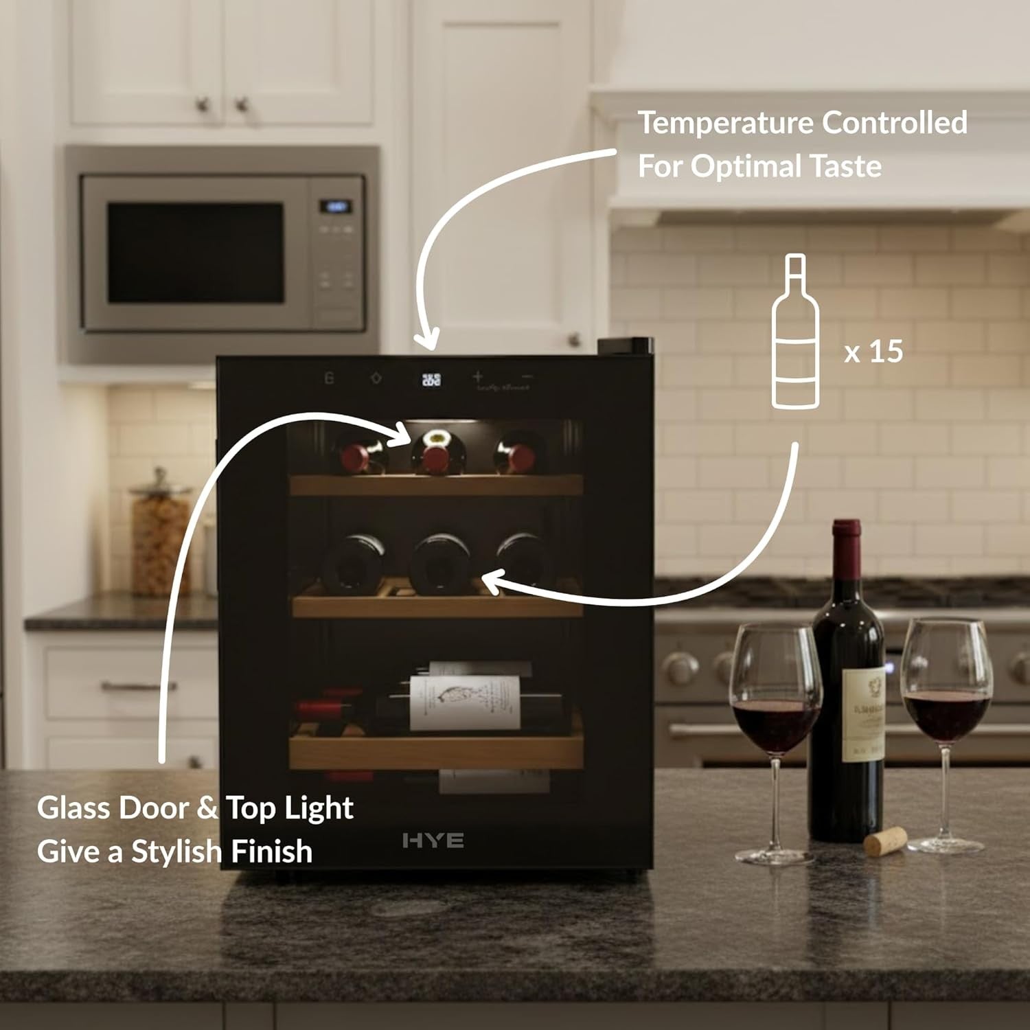 15 Bottle Wine Cooler Fridge Glass Door Quiet LED Wooden Shelves Home Bar