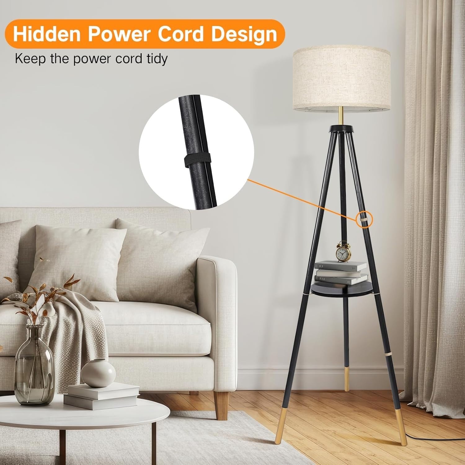 Dimmable Wooden Tripod Floor Lamp with Remote, Storage Shelf & 4 Color Temps