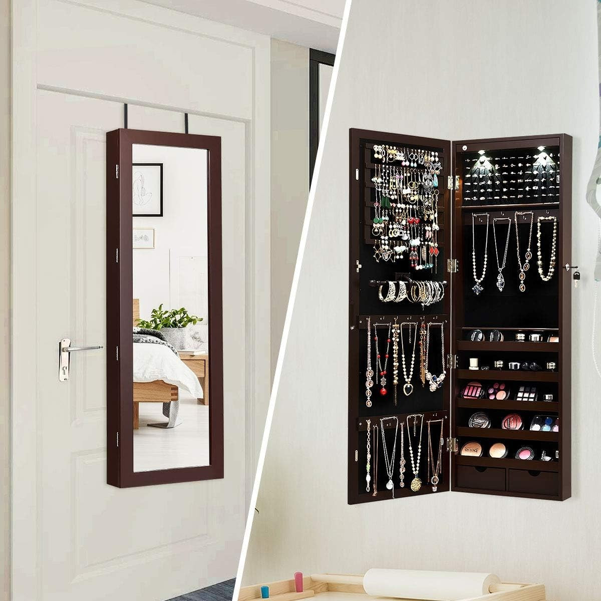 Wall Mount Jewelry Armoire LED Full Length Mirror Lockable Storage Brown