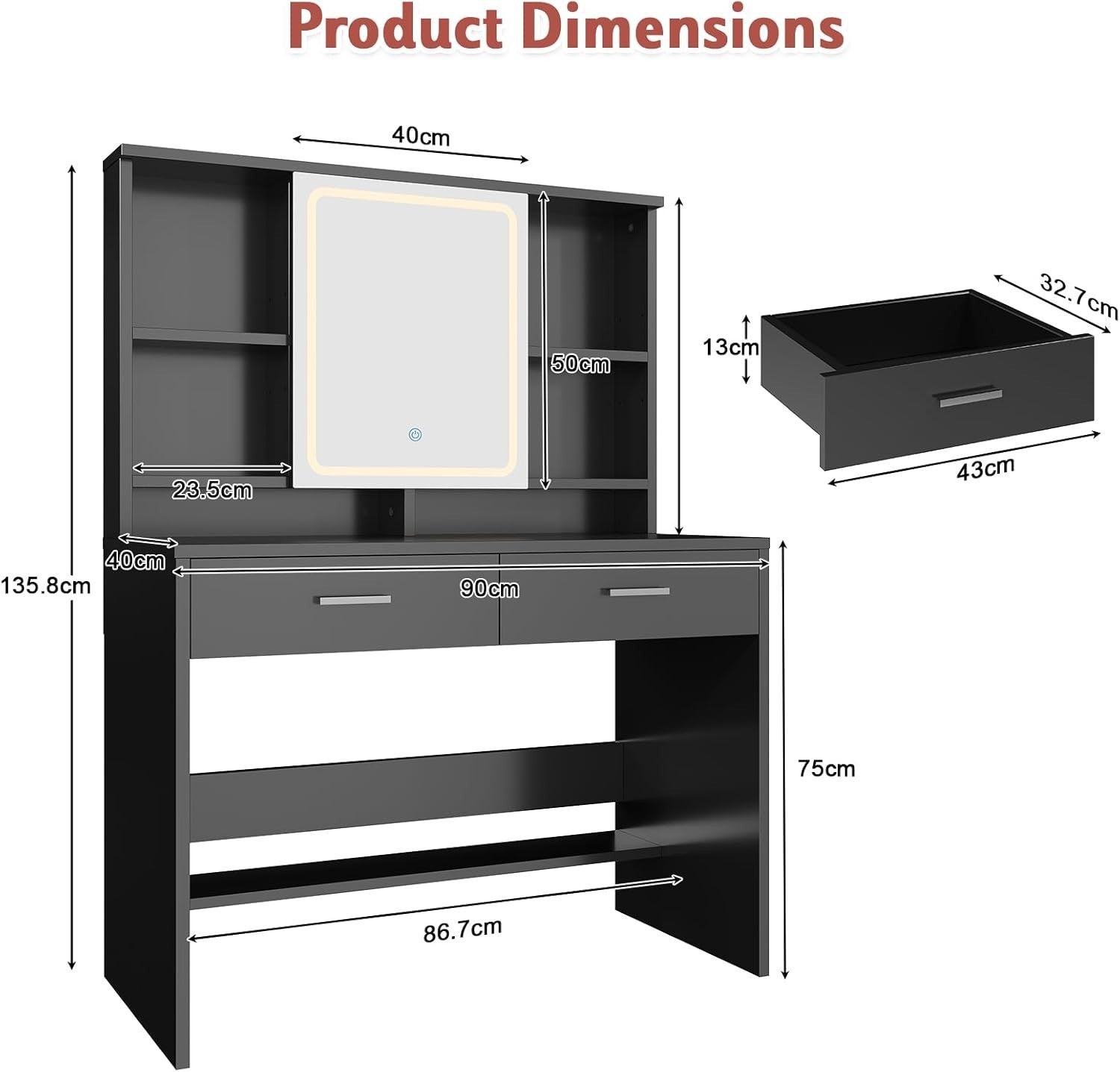 LED Dressing Table Black Vanity Desk 3-Colour Mirror Storage 2 Drawers Modern
