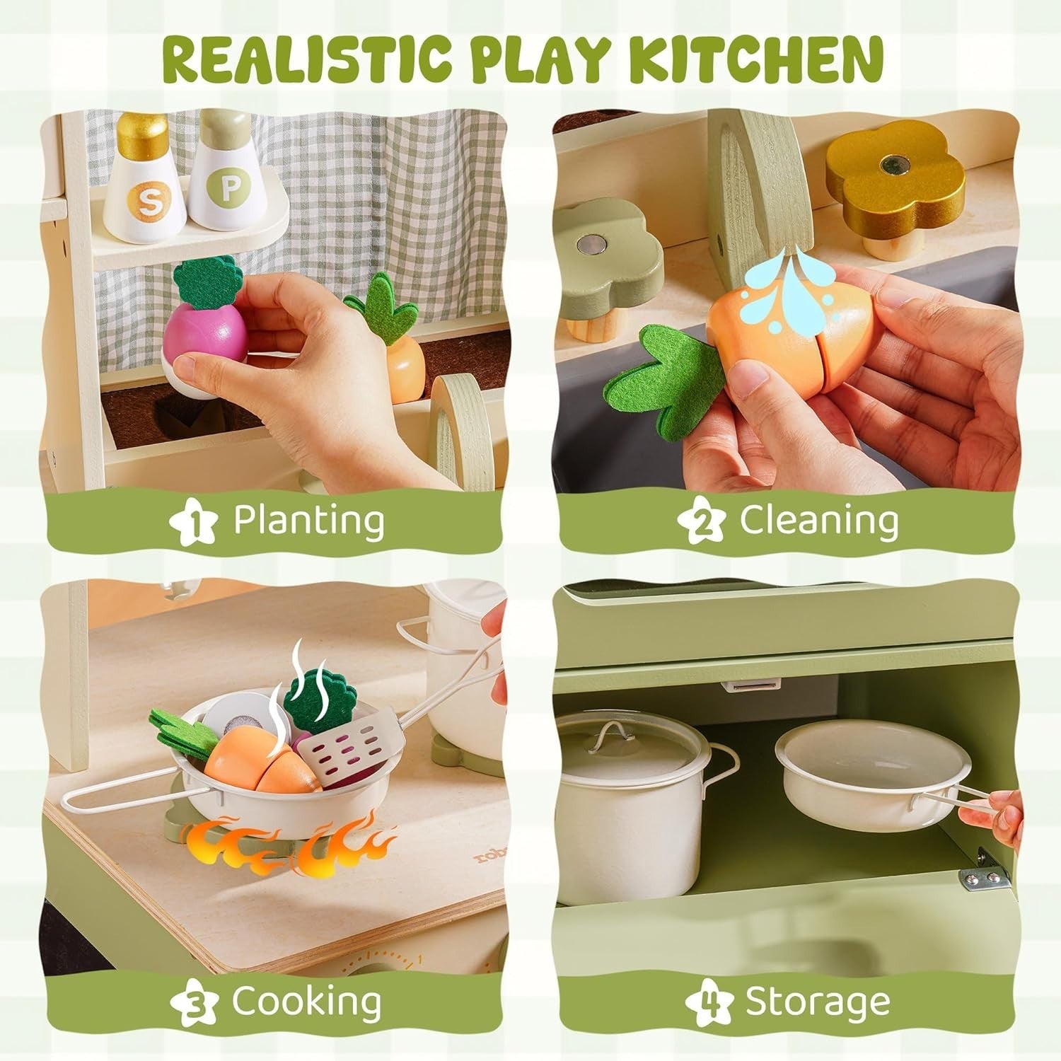 Wooden Kids Play Kitchen w/ Fridge Ice Dispenser Green Toy