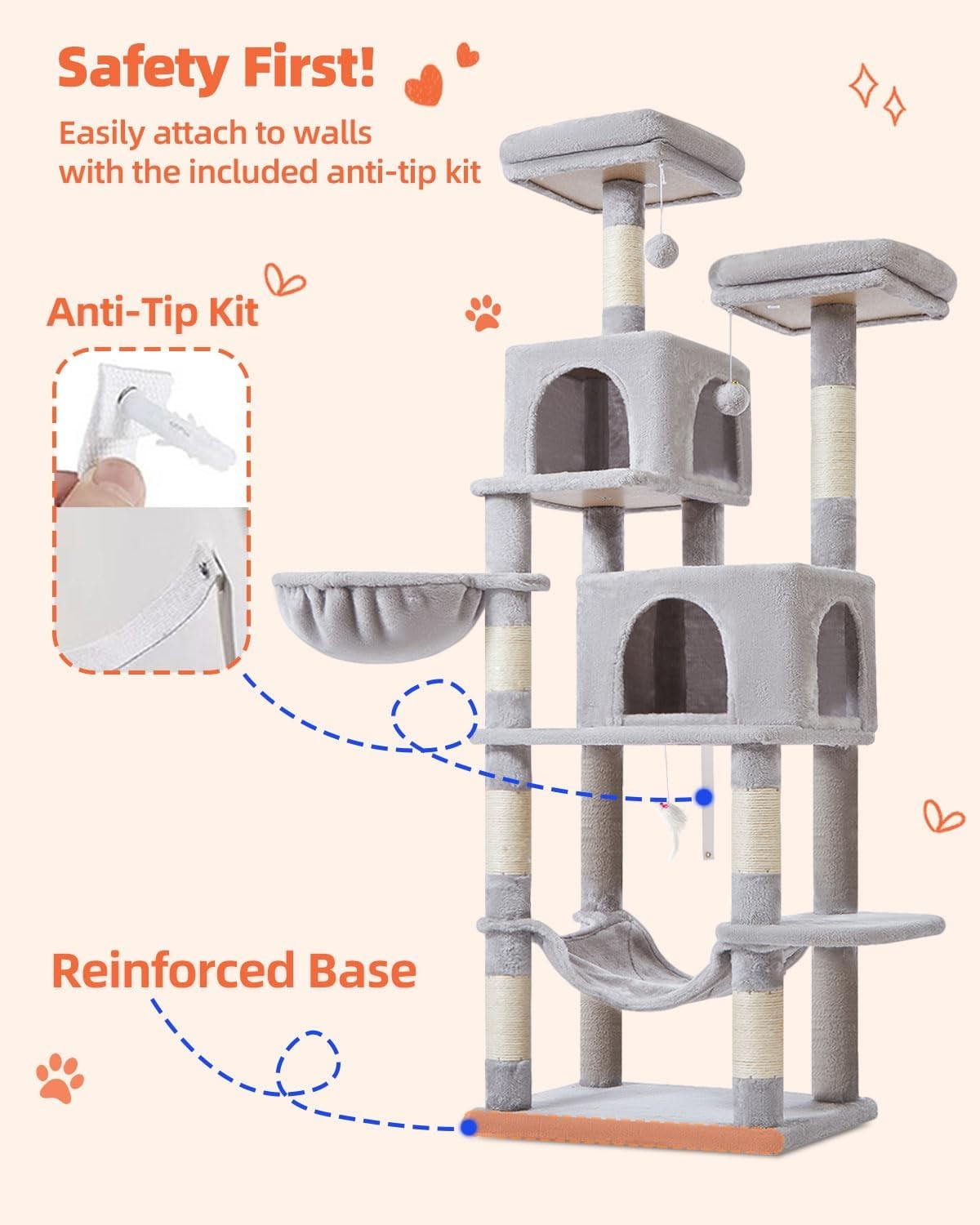 170cm Light Grey Cat Tree Tower with Condos Hammock Scratching Posts