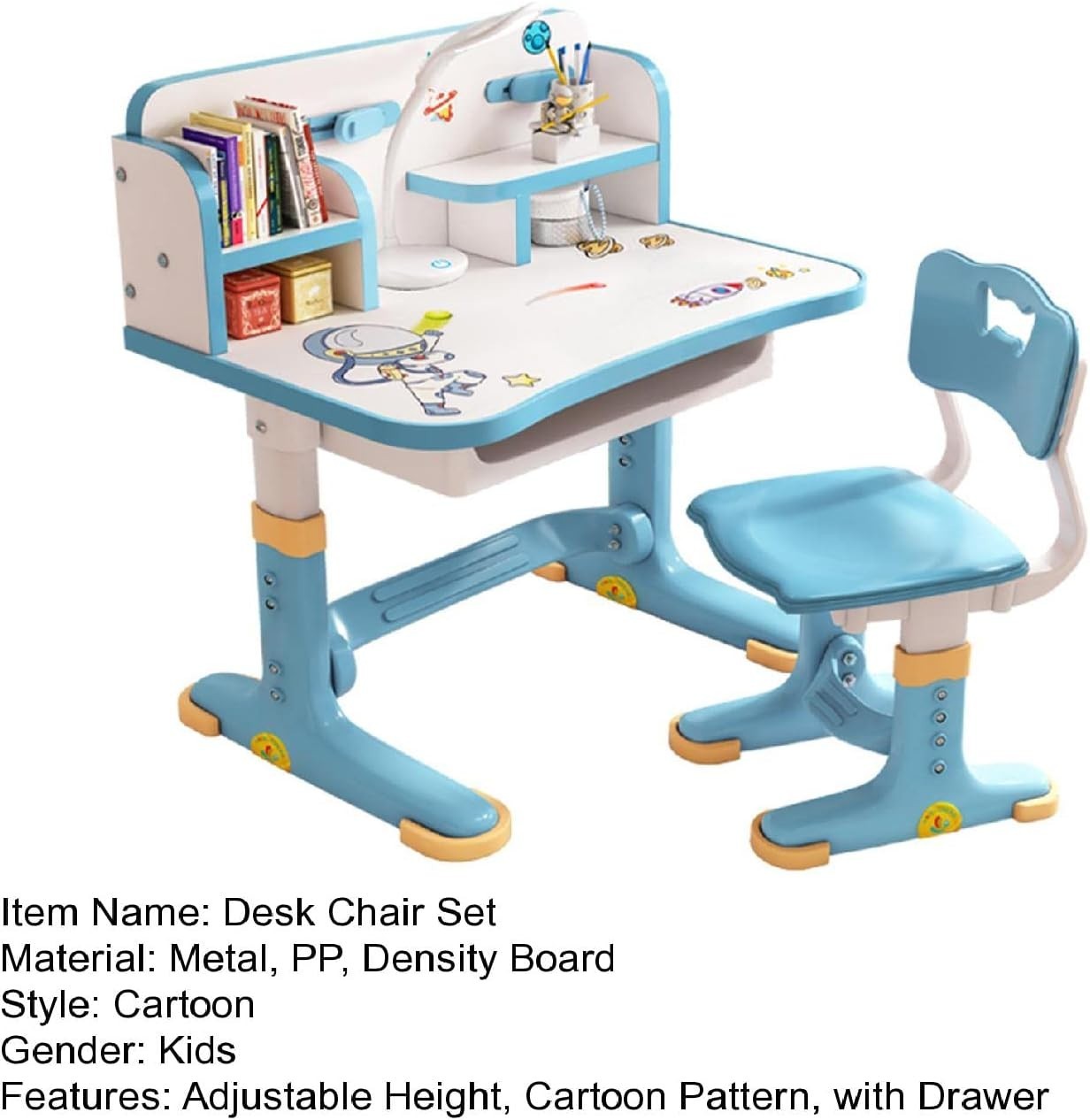 Kids Study Desk Chair Set Adjustable Height Table with Drawer Bookshelf Blue
