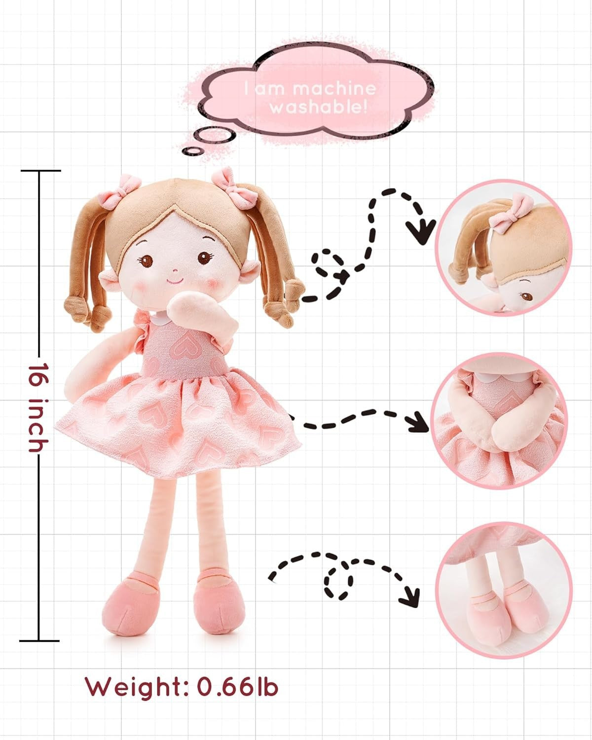 16” Plush Baby Doll Ultra Soft Comfort Rag Doll for Toddlers Age 1+
