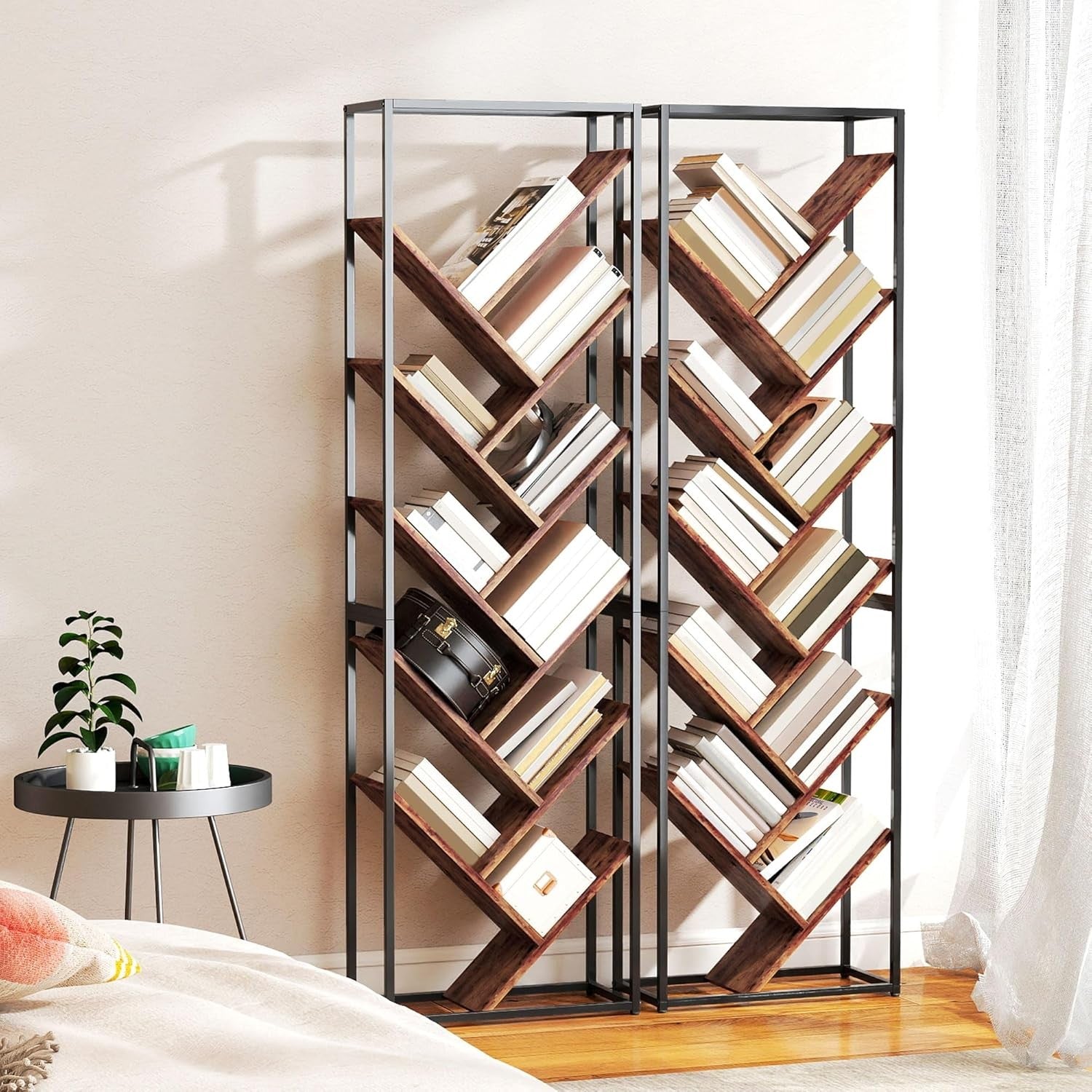 10-Tier Tree Bookshelf Industrial Tall Display Storage Unit for Living Room Offi