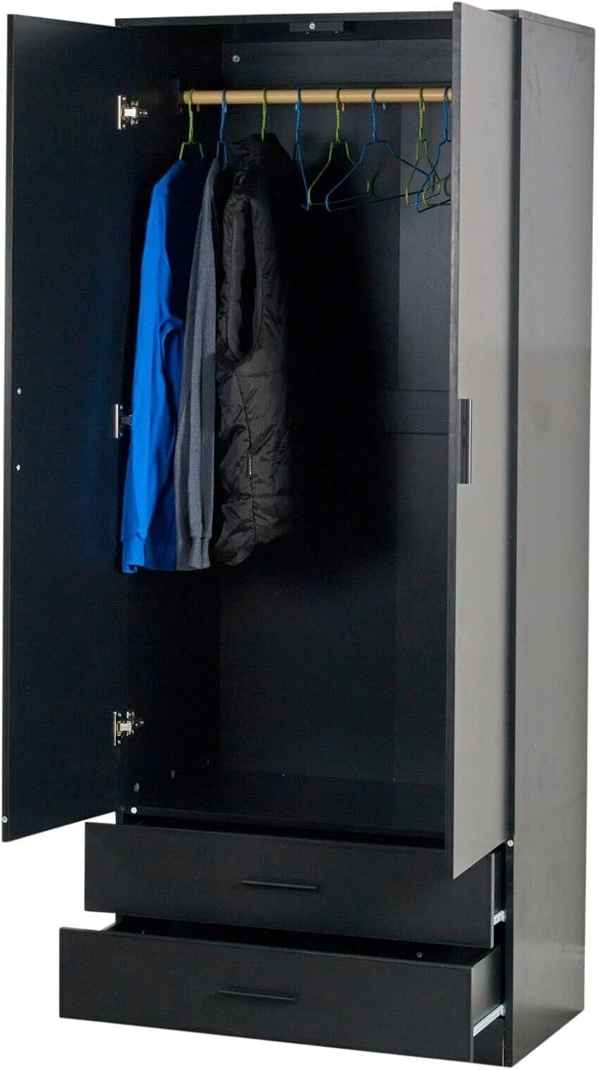 2-Door Bedroom Wardrobe with Drawers | Sturdy Wood Storage Cabinet