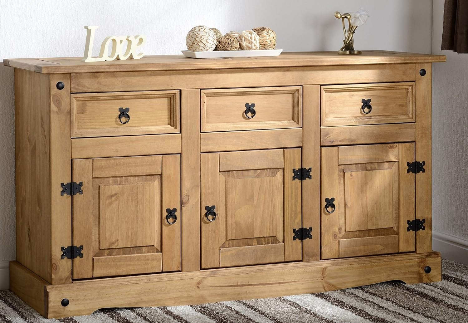 Rustic 3 Door 3 Drawer Sideboard Cabinet Solid Pine Storage Unit Waxed