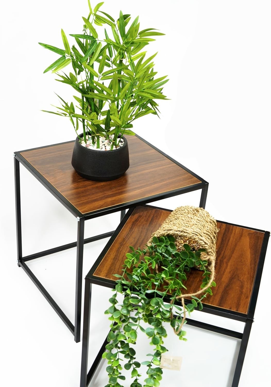 Space-Saving Nesting End Tables Set of 2 Rustic Wood Metal Side Coffee Table