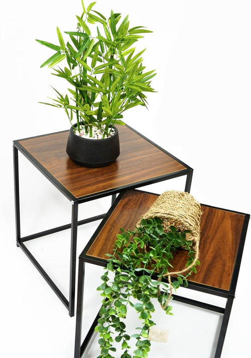Space-Saving Nesting End Tables Set of 2 Rustic Wood Metal Side Coffee Table