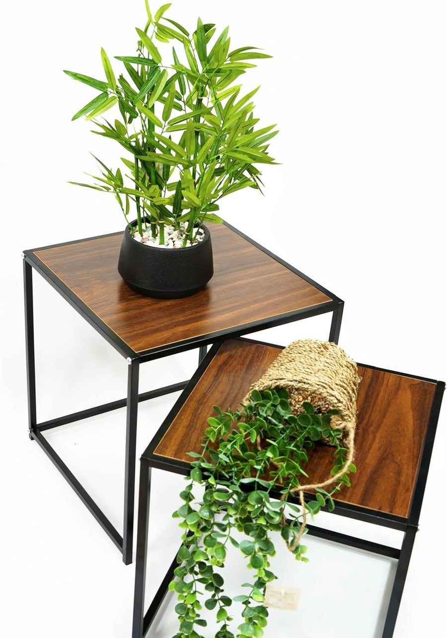 Space-Saving Nesting End Tables Set of 2 Rustic Wood Metal Side Coffee Table