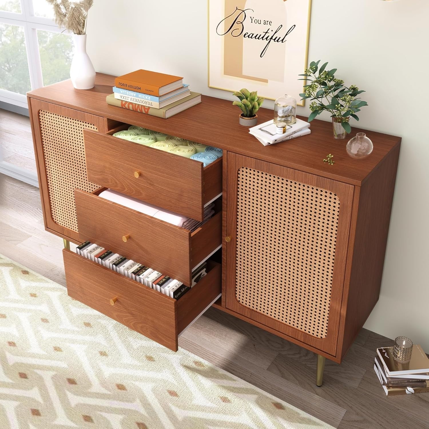 Modern Walnut Sideboard Cabinet Rattan Doors 3 Drawers Storage Unit