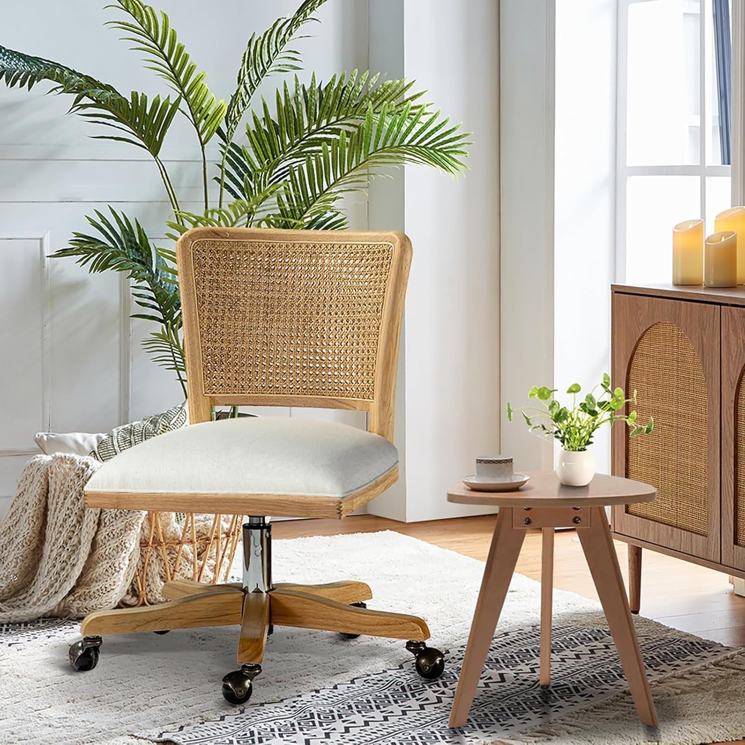 Linen Swivel Office Chair Adjustable Height Upholstered Rattan Desk Seat