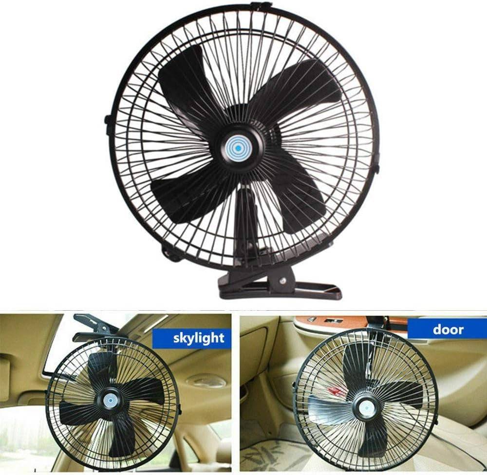 10in 12V Electric Air Fan – Dual Speed Clip-On 180° Rotating Cooling Desk Fan