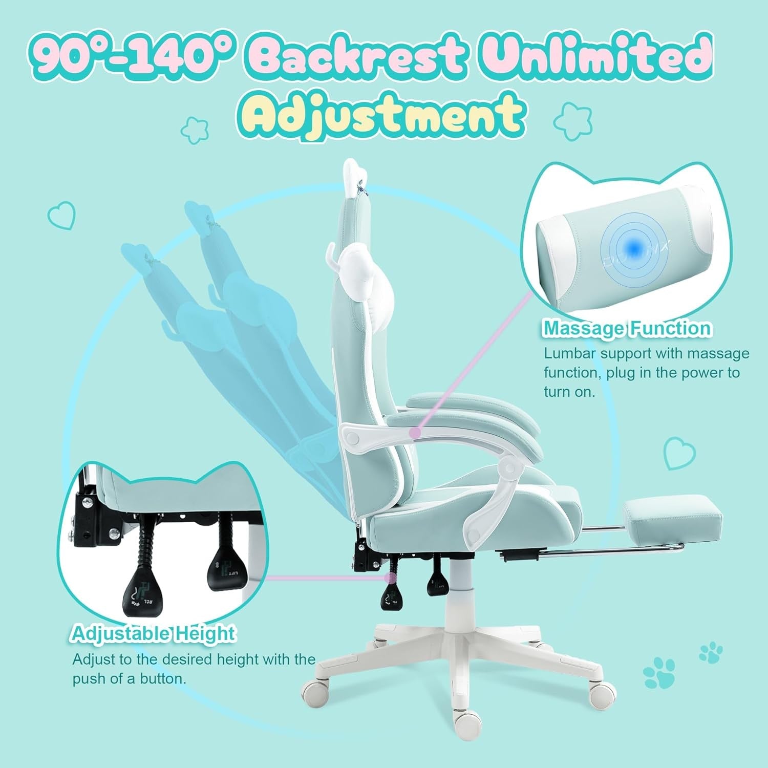 Cute Cat Ear Gaming Chair Massage Lumbar Footrest 290lbs