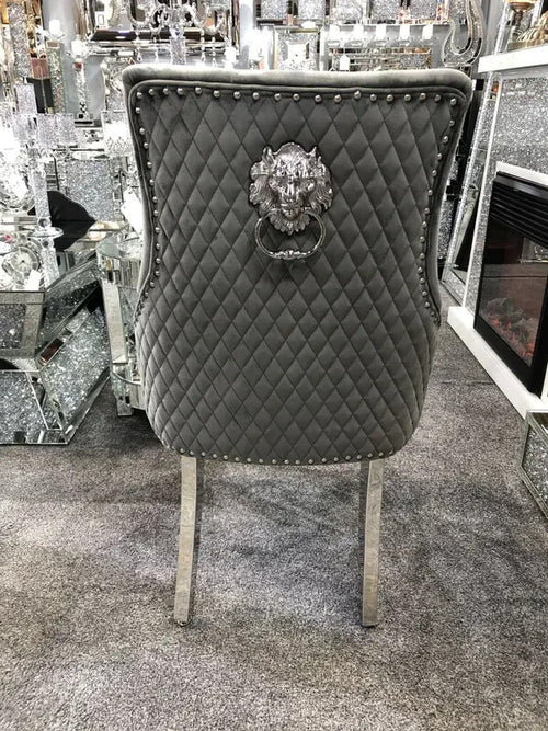 Pair Grey Velvet Dining Chairs | Lion Knocker Chrome Legs Tufted Back