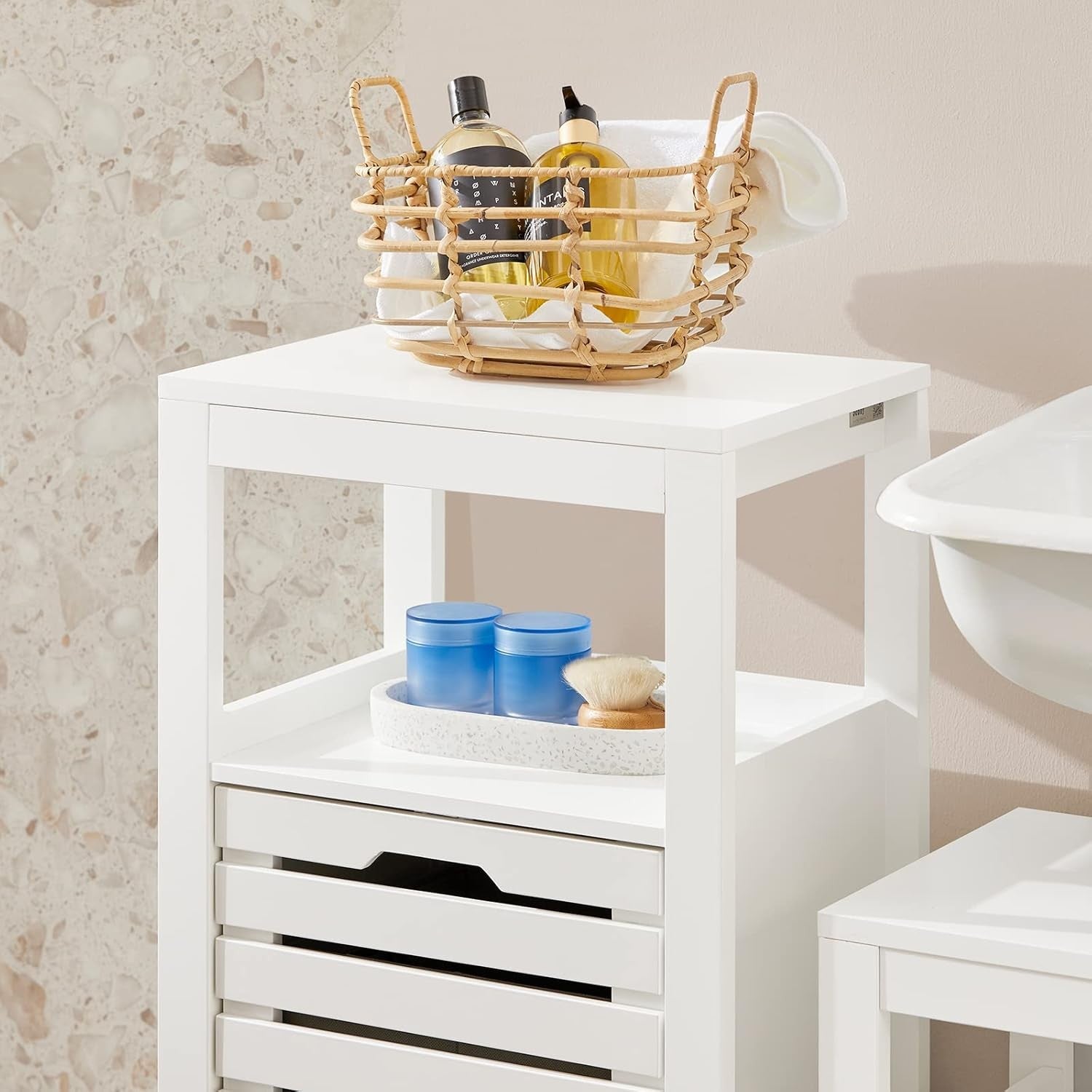 Bathroom Cabinet with Laundry Basket White Compact Storage Unit Shelf