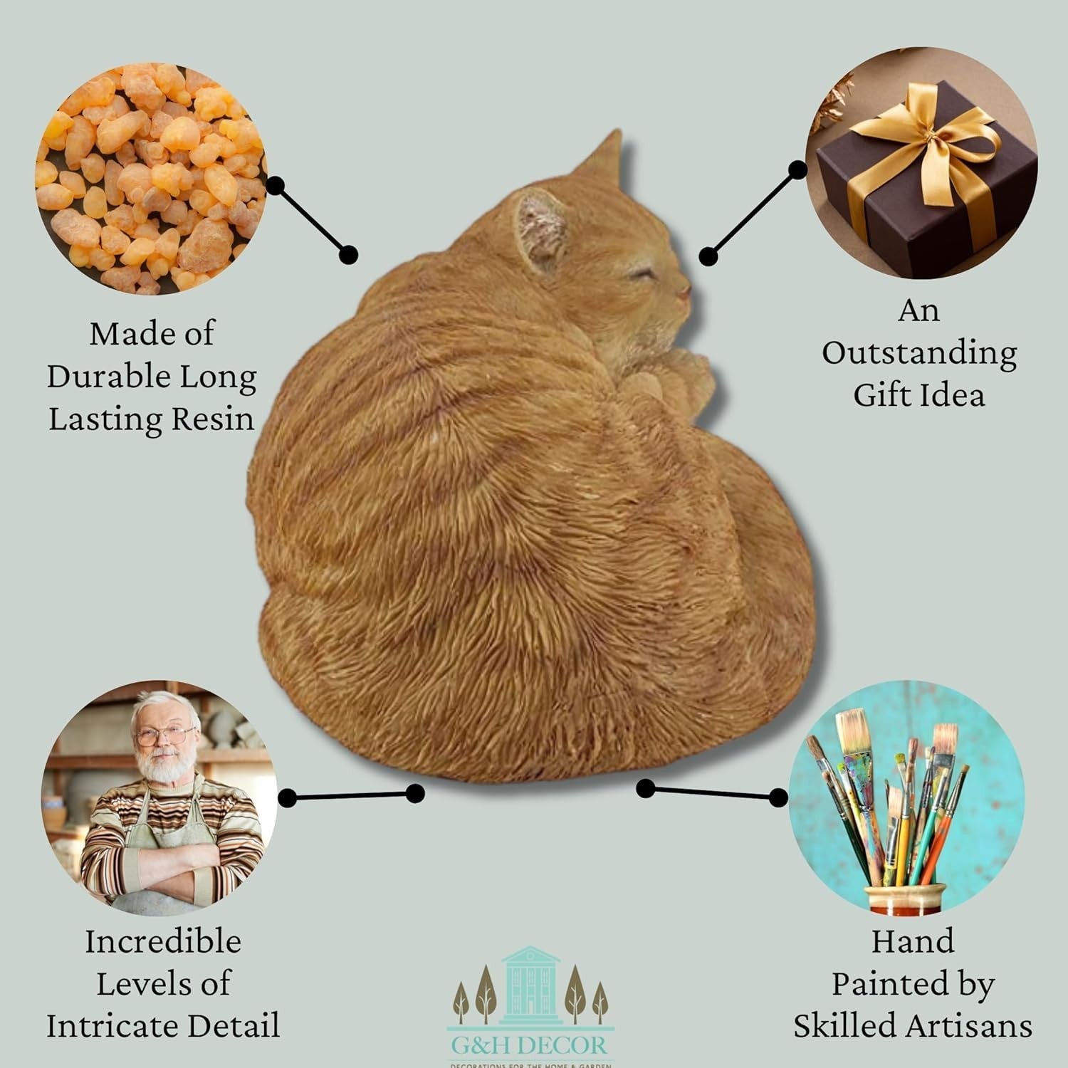 Realistic Ginger Sleeping Cat Statue 32cm Resin Weatherproof Garden Ornament