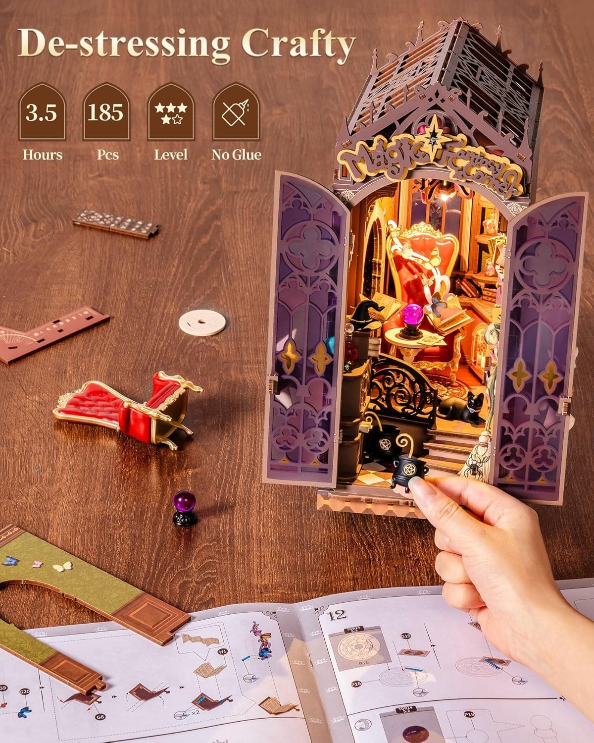 Magic Fantasy Book Nook DIY Miniature House Kit LED Wooden Bookshelf Decor