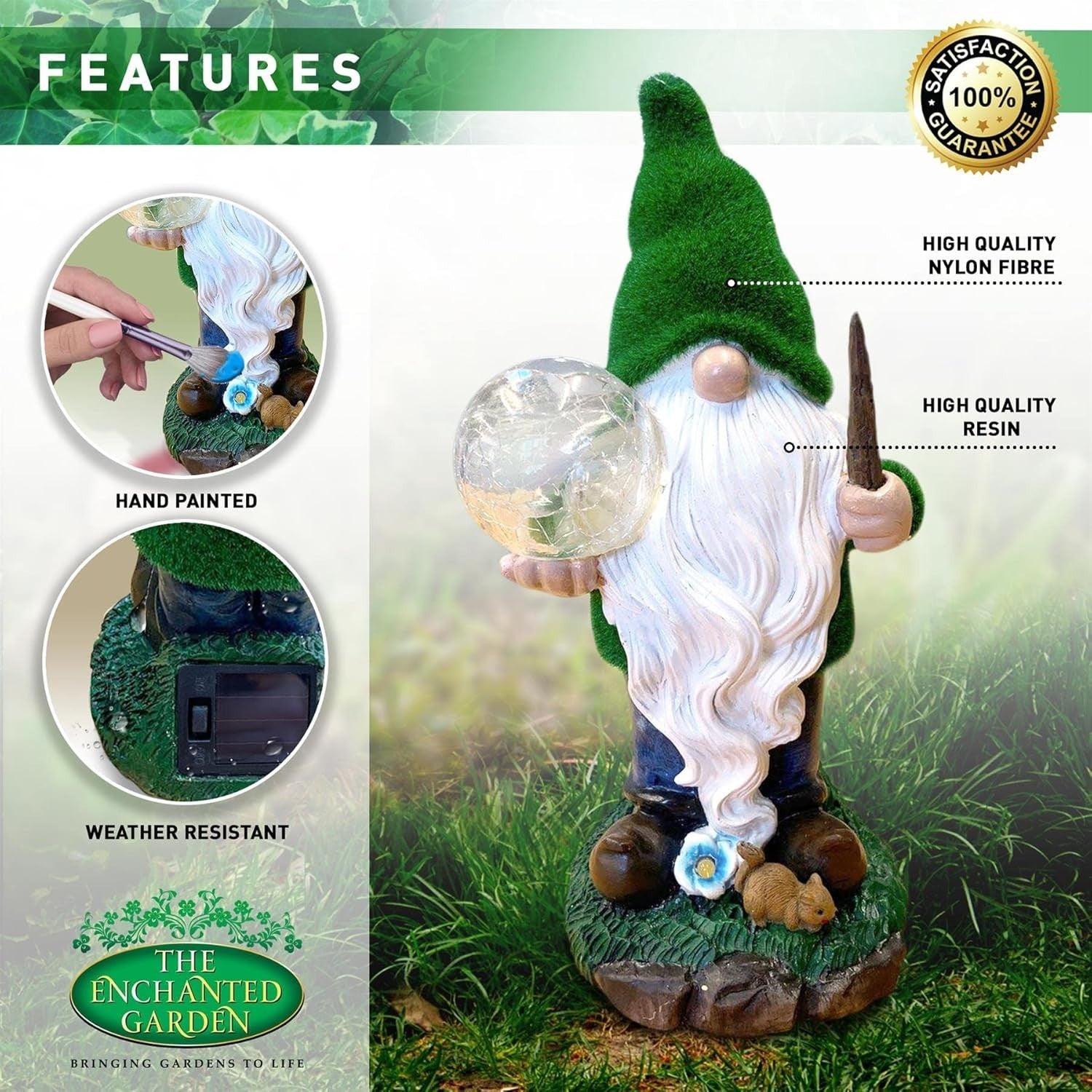 Solar Powered Gnome Garden Statue LED Light Wizard Resin Ornament Patio Decor