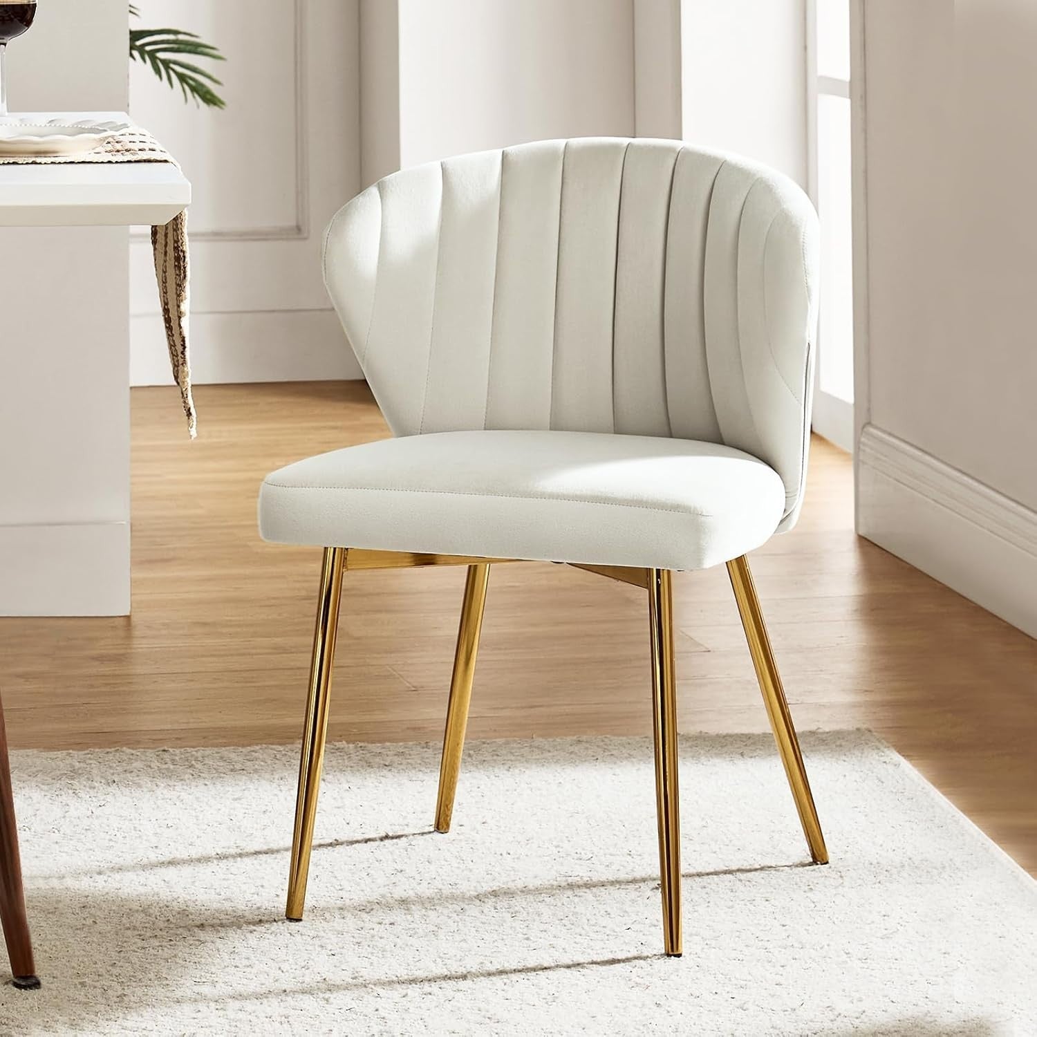 White Velvet Modern Dining & Vanity Chair – Upholstered Seat with Metal Legs