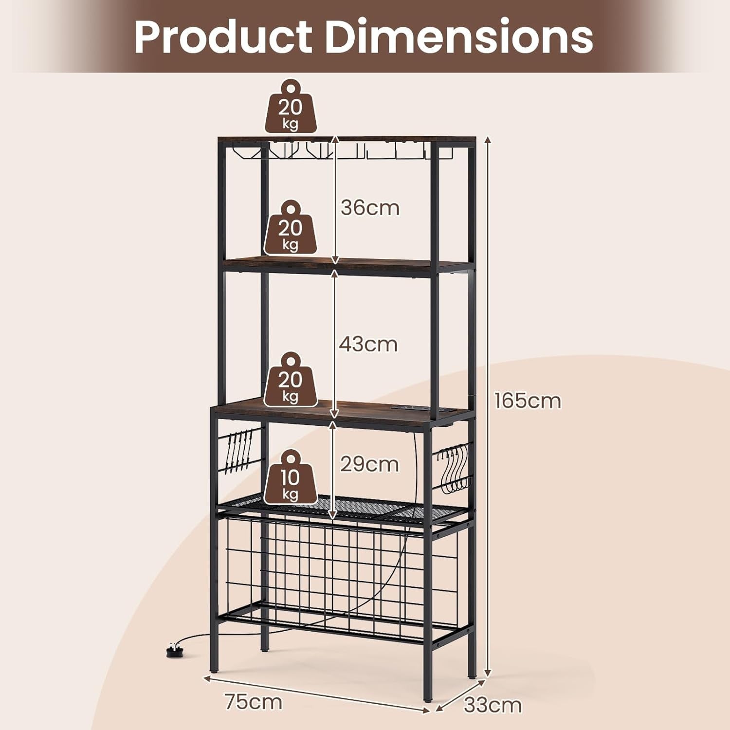 4 Tier Wine Bar Cabinet with Power Outlets, 24 Bottle Rack, Glass & Mug Holder